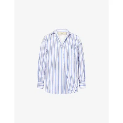 Weekend Max Mara Omens Navy Pinstripes Stripe Broderie Relaxed Cotton Shirt In Multi