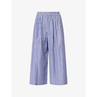 Weekend Max Mara Omens Navy Pinstripes Stripe-print Wide-leg Cotton Cropped Trousers In Multi