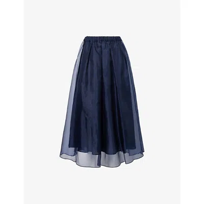 Weekend Max Mara Omens Navy Pleated Semi-sheer Silk Midi Skirt In Blue