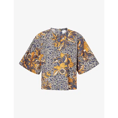 Weekend Max Mara Omens Navy Quaglia Floral-pattern Cotton Top In Blue