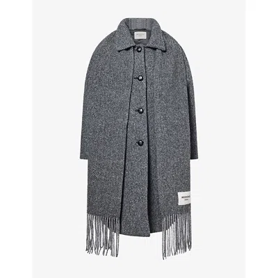 Weekend Max Mara Omens Scarf-detail Tweed Wool-blend Coat Dark Grey Fleck Boucle In Gray