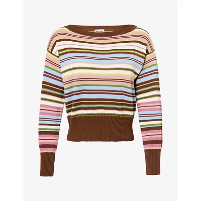 Weekend Max Mara Omens Striped Boat-neck Cotton-knit Jumper Multicolour Pinstripes In Brown