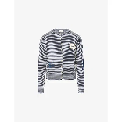 Weekend Max Mara Omens Striped Logo-patch Cotton-blend Cardigan Navy Pinstripes