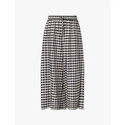 Weekend Max Mara Omens Navy Vichy Check Wide-leg Cotton-blend Trousers In Gray