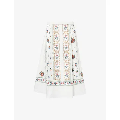 Weekend Max Mara Omens White Multicolour Flower Falla Embroidered Cotton Midi Skirt