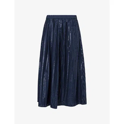 Weekend Max Mara Omens Navy Fiordi Sequin-embroidered Cotton Midi Skirt In Blue