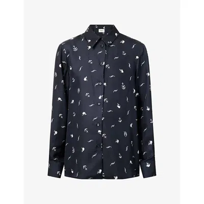 Weekend Max Mara Omens  Printed Motif Silk Shirt In Blue