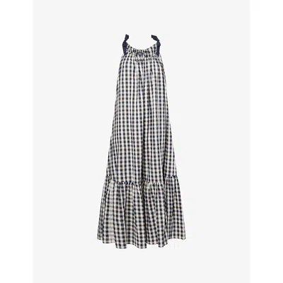 Weekend Max Mara Omens Navy Vichy Ugola Gingham-pattern Cotton-blend Midi Dress In Black