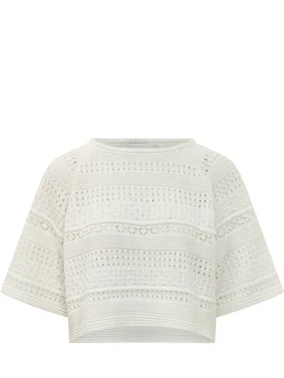 Weekend Max Mara Openwork Knit Sweater With Cut Sleeves In Neutral