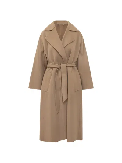 Weekend Max Mara Weekend Long Virgin Wool Belted Jacket In Brown