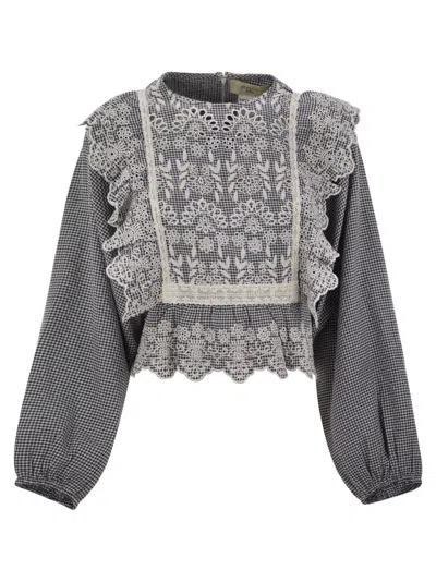 Weekend Max Mara Orazio - Vichy Cotton Canvas Blouse With Embroidery In Blue