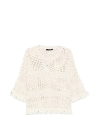 Weekend Max Mara Palato Fringe-trimmed Crochet-knit Sweater In Neutral