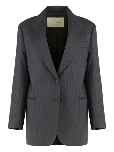 Weekend Max Mara Wool Crepe Stretch Pinstripe Notch Lapel Blazer In Gray