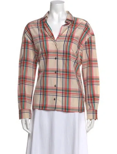 Pre-owned Weekend Max Mara Plaid Print Long Sleeve Button-up Top In Brown