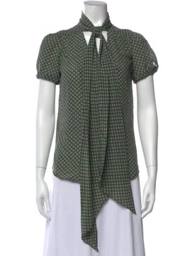 Pre-owned Weekend Max Mara Polka Dot Print Mock Neck Button-up Top In Green