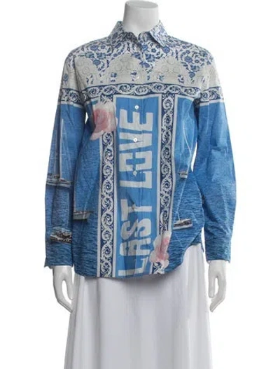 Pre-owned Weekend Max Mara Printed Long Sleeve Blouse In Blue