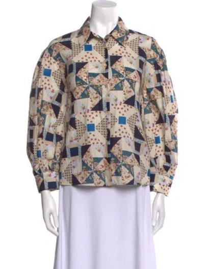 Pre-owned Weekend Max Mara Printed Three-quarter Sleeve Button-up Top In Neutral