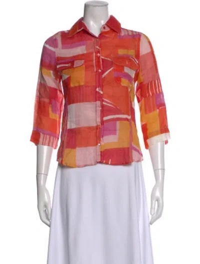 Pre-owned Weekend Max Mara Printed Three-quarter Sleeve Button-up Top In Orange