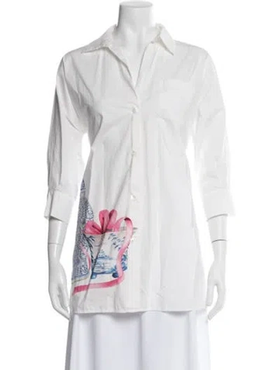 Pre-owned Weekend Max Mara Printed Three-quarter Sleeve Button-up Top In White