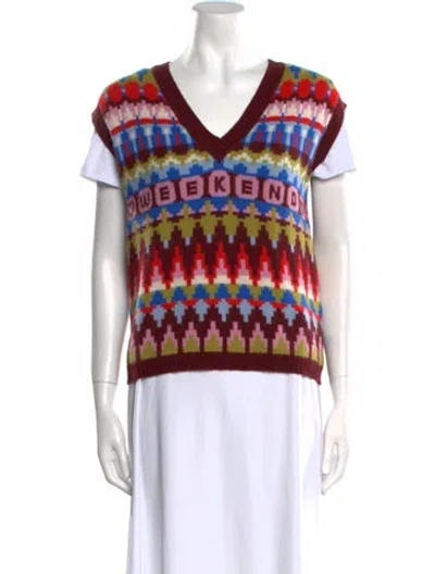 Pre-owned Weekend Max Mara Printed V-neck Sweater In Red