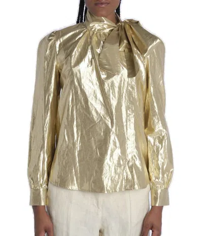 Weekend Max Mara Bow Detailed Metallic Effect Blouse In Gold