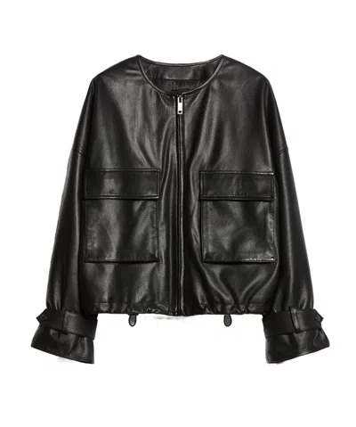 Weekend Max Mara Round-collar Leather Jacket In Black