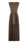 Weekend Max Mara Omens Brown Sleeveless Pleated Jersey And Satin Midi Dress In Brown
