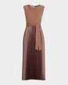 Weekend Max Mara Omens Brown Sleeveless Pleated Jersey And Satin Midi Dress In Brown