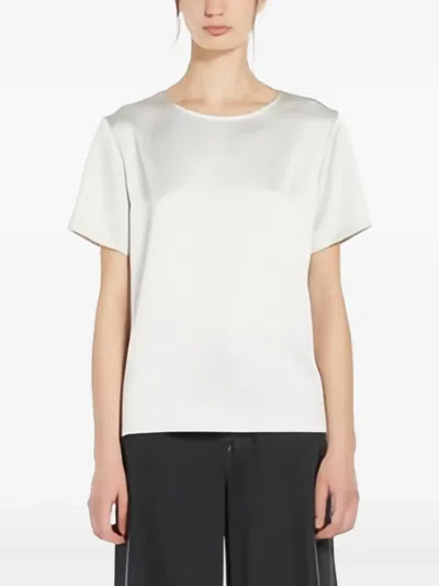 Weekend Max Mara Satin Short-sleeve Keyhole Top In Metallic