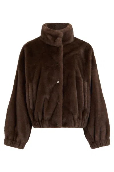 Weekend Max Mara Weekend Short Faux Fur Jacket With High Collar In Brown