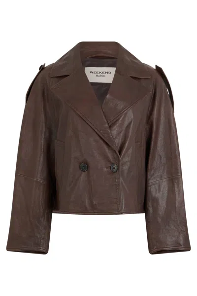 Weekend Max Mara Short Double-breasted Leather Jacket With Classic Collar In Green