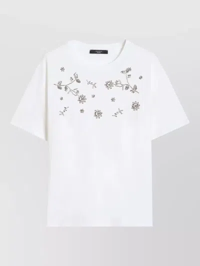 Weekend Max Mara Short Sleeve Top Round Neck Flowers In White