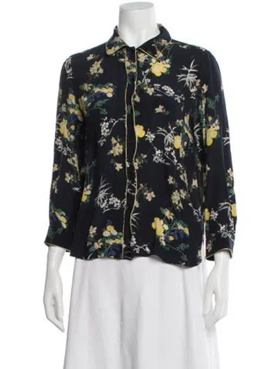 Pre-owned Weekend Max Mara Silk Floral Print Blouse In Blue