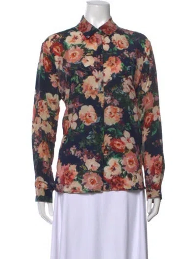 Pre-owned Weekend Max Mara Silk Floral Print Blouse In Blue