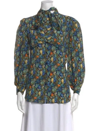 Pre-owned Weekend Max Mara Silk Floral Print Blouse In Blue/green