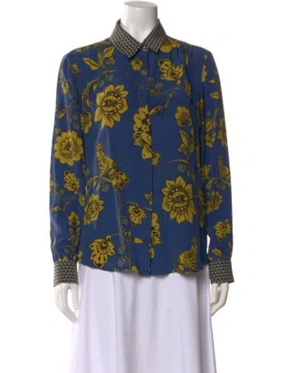 Pre-owned Weekend Max Mara Silk Floral Print Button-up Top In Blue