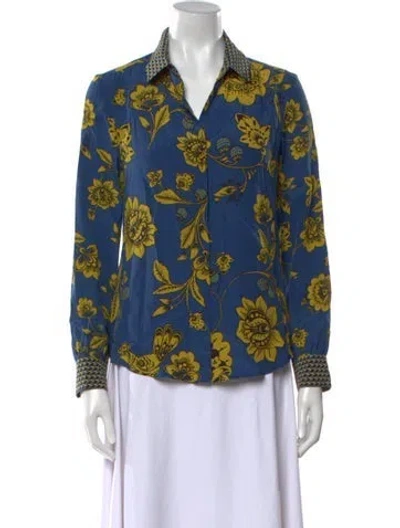 Pre-owned Weekend Max Mara Silk Floral Print Button-up Top In Blue