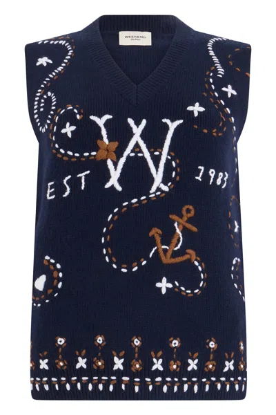 Weekend Max Mara Sleeveless Wool Sweater With Lettered Symbol Pattern In Blue