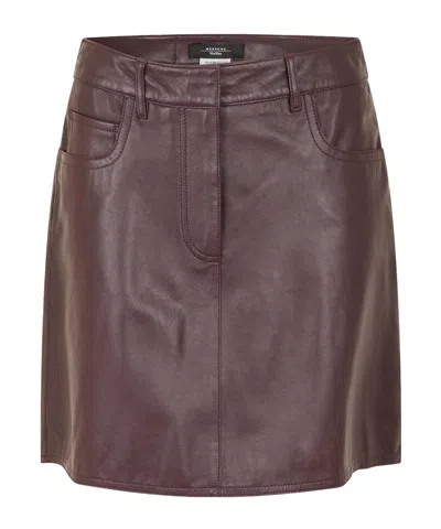 Weekend Max Mara Solid Color Leather Midi Skirt In Brown