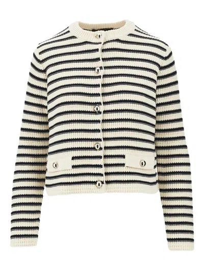 Weekend Max Mara Striped Cardigan Ribbed Knit Front Pockets In Neutral