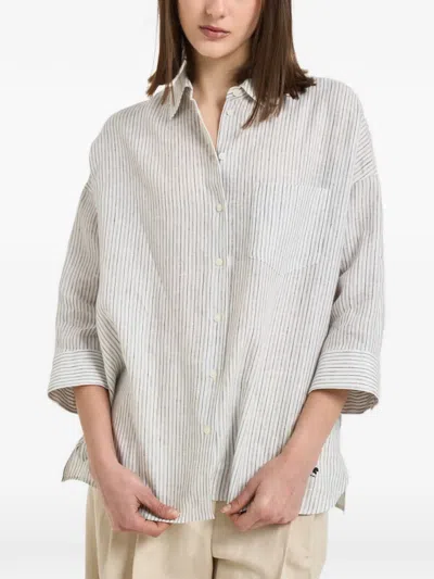 Weekend Max Mara Striped Chest-pocket Linen Shirt In Gray