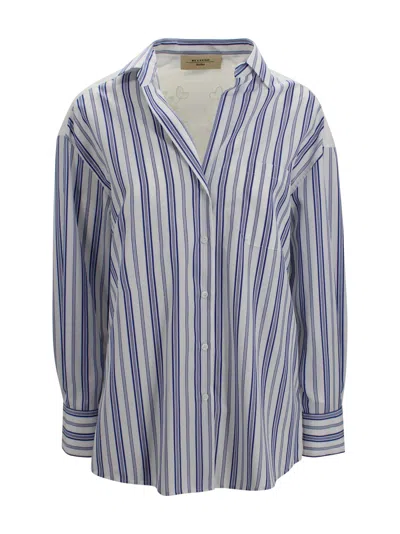 Weekend Max Mara Striped Cotton Shirt With Sangallo Detail In Blue