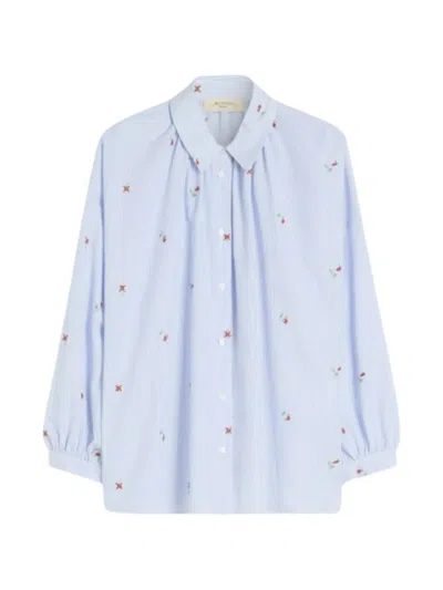 Weekend Max Mara Omens Light Blue Floral Embroidery Stripe Cotton Shirt