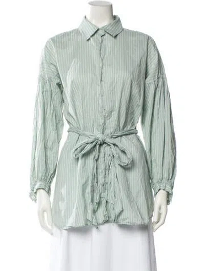 Pre-owned Weekend Max Mara Striped Long Sleeve Button-up Top In Green