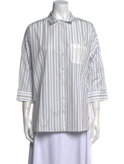 Pre-owned Weekend Max Mara Striped Three-quarter Sleeve Button-up Top In Blue