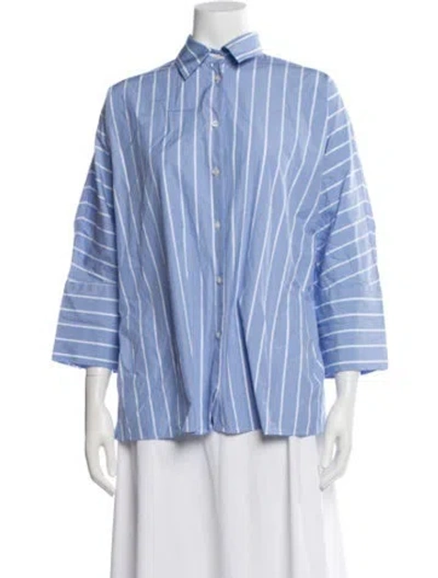 Pre-owned Weekend Max Mara Striped Three-quarter Sleeve Button-up Top In Blue