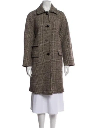 Pre-owned Weekend Max Mara Virgin Wool Houndstooth Print Peacoat In Brown