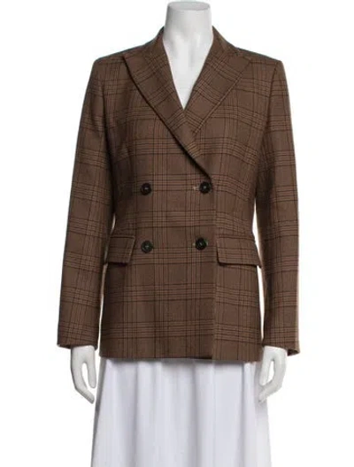Pre-owned Weekend Max Mara Virgin Wool Plaid Print Blazer In Brown