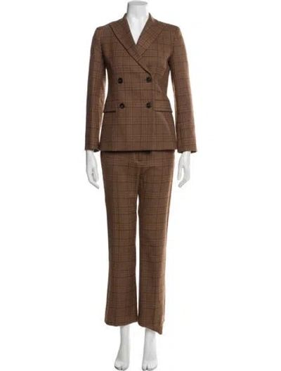 Pre-owned Weekend Max Mara Virgin Wool Plaid Print Pant Set In Brown