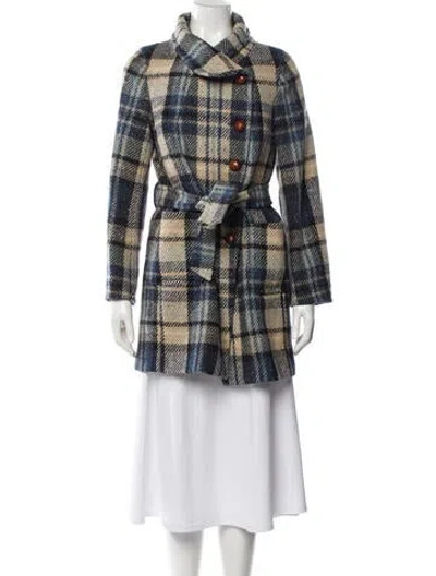 Pre-owned Weekend Max Mara Virgin Wool Plaid Print Peacoat In Blue